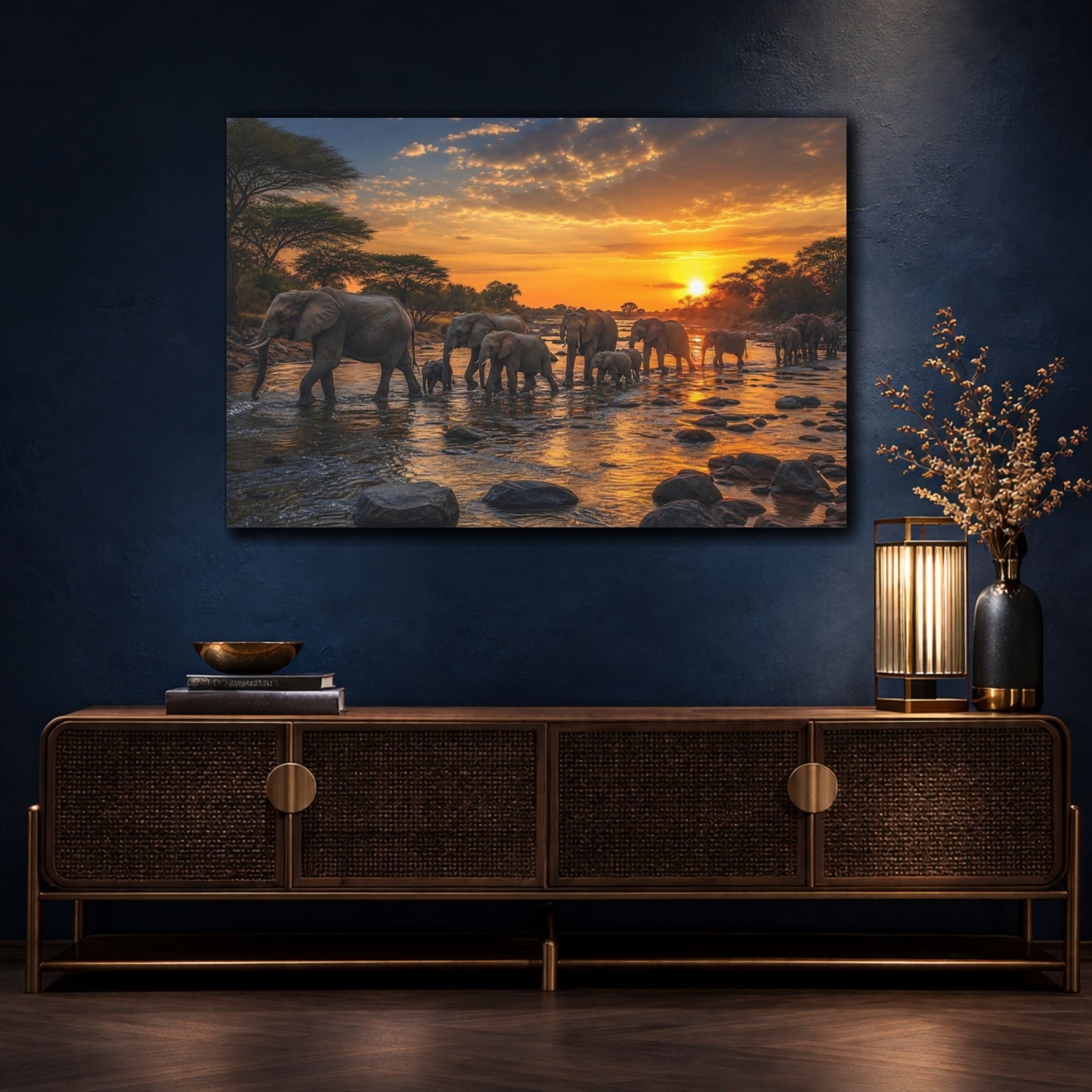Mockup 4. Animals Elephants Elephant Sunset shown as stretched canvas wall art