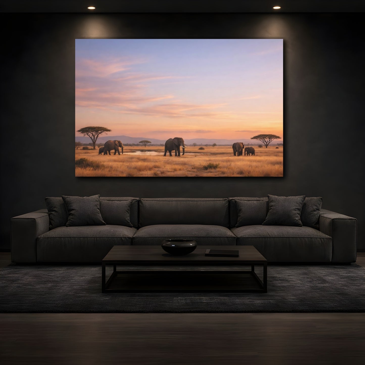 Mockup 2. Animals Elephants Elephants Sunset shown as stretched canvas wall art