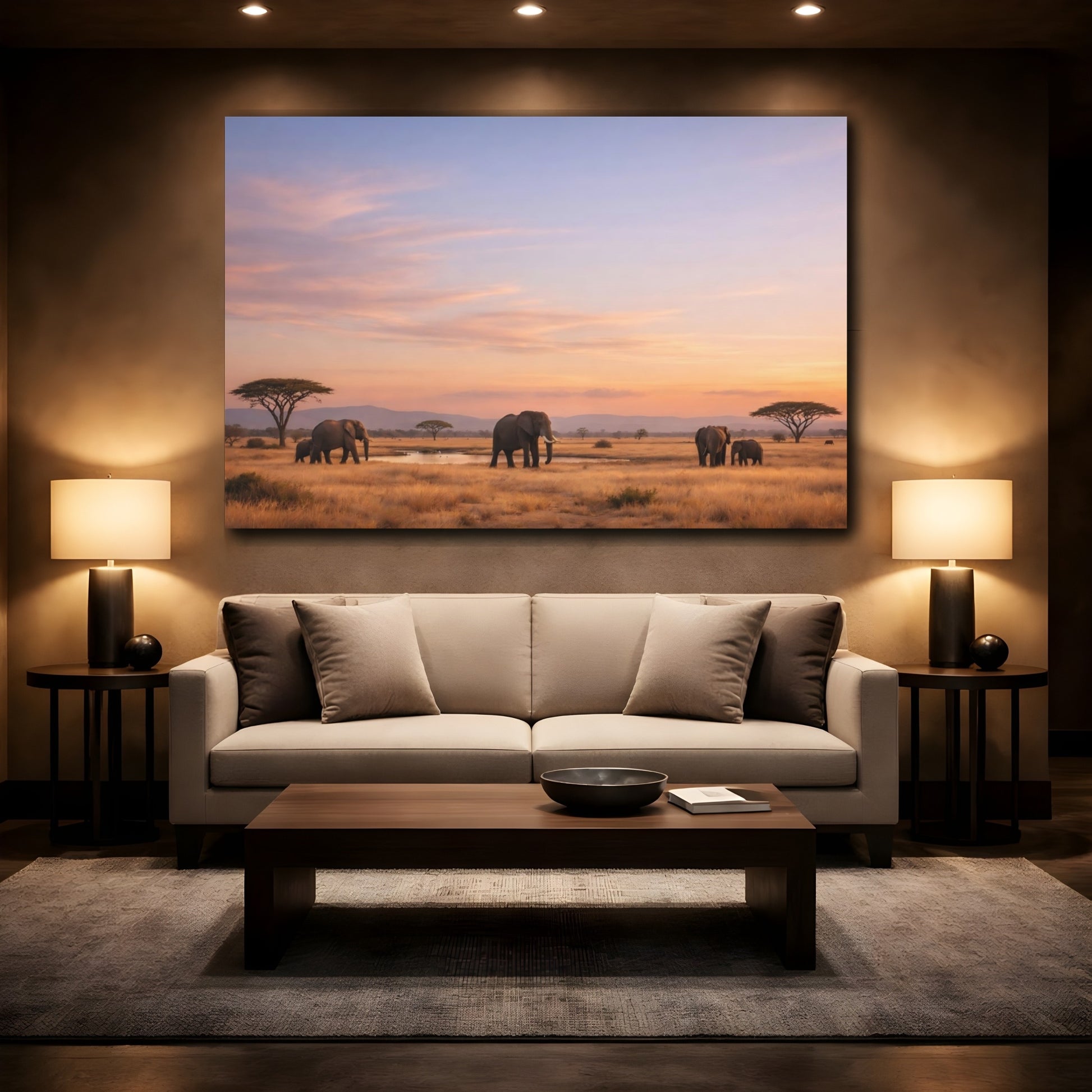 Mockup 3. Animals Elephants Elephants Sunset shown as stretched canvas wall art