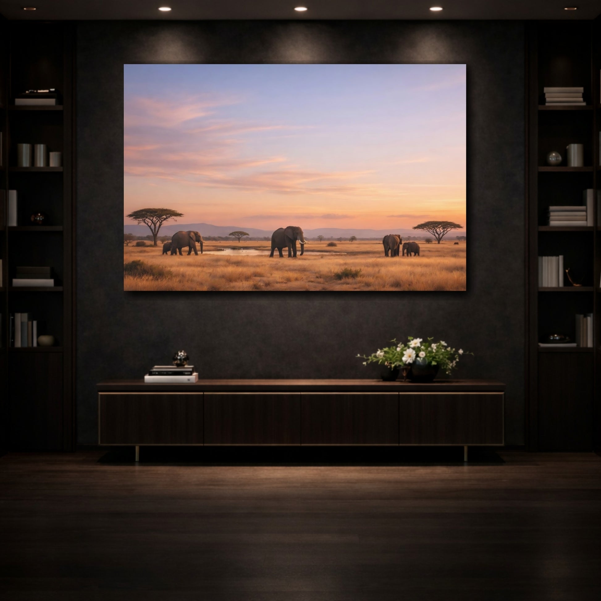 Mockup 4. Animals Elephants Elephants Sunset shown as stretched canvas wall art