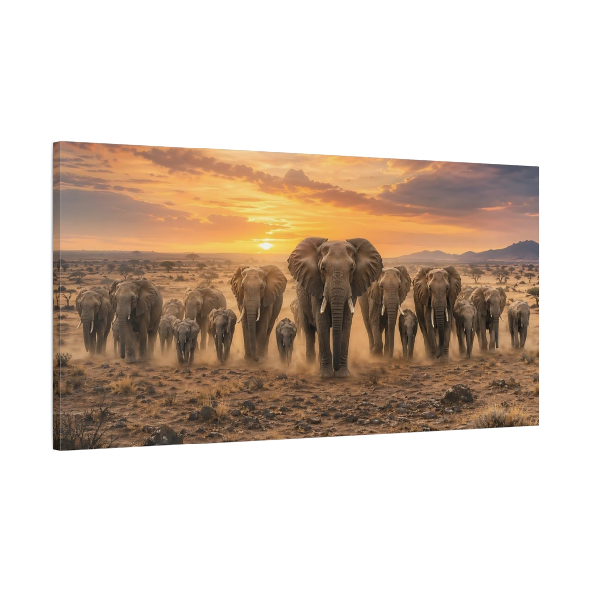 Main Mockup. Animals Elephants Golden Sunset shown as stretched canvas wall art