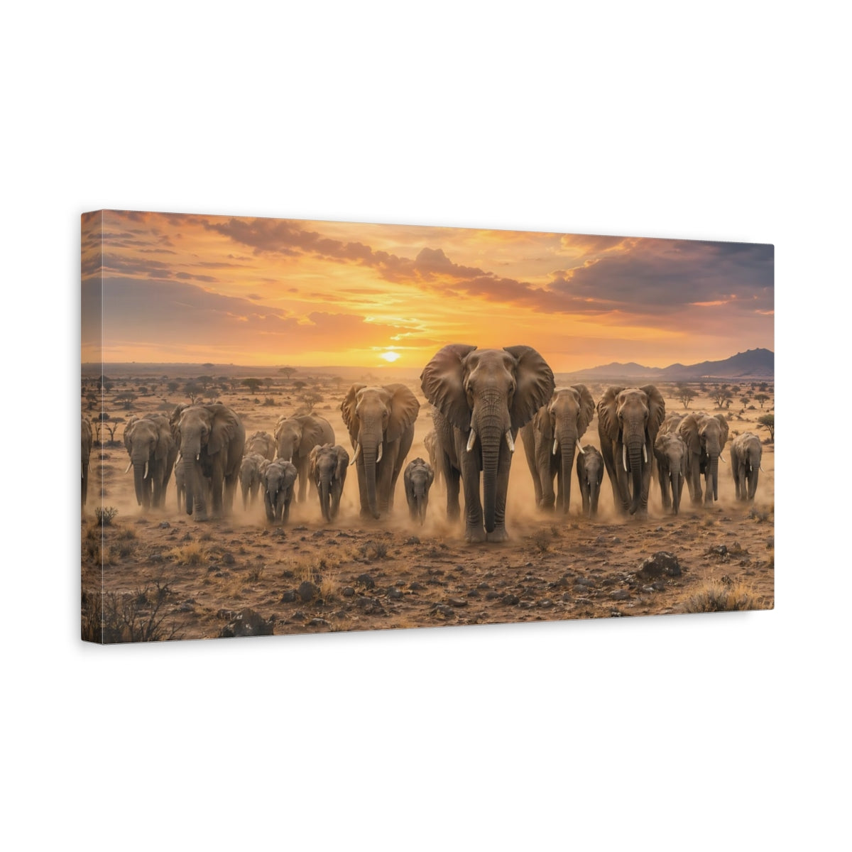 Side Mockup 3. Animals Elephants Golden Sunset shown as stretched canvas wall art