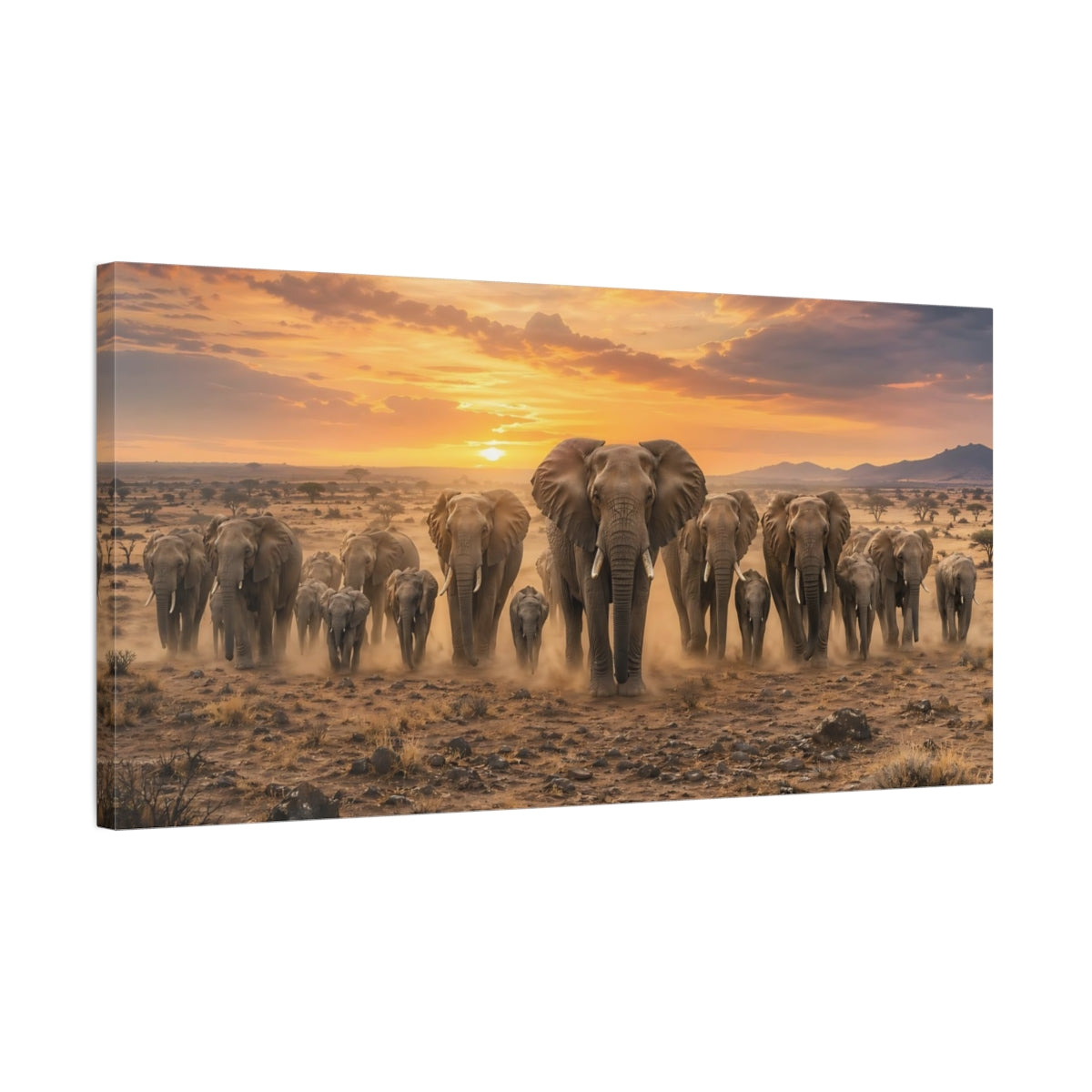 Side Mockup 1. Animals Elephants Golden Sunset shown as stretched canvas wall art