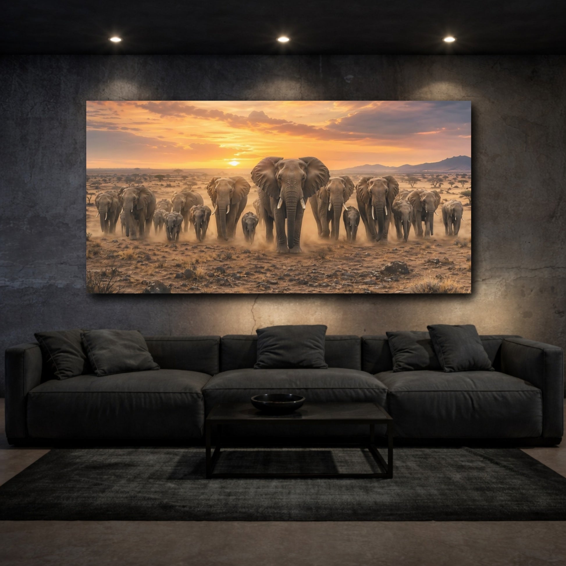 Mockup 2. Animals Elephants Golden Sunset shown as stretched canvas wall art