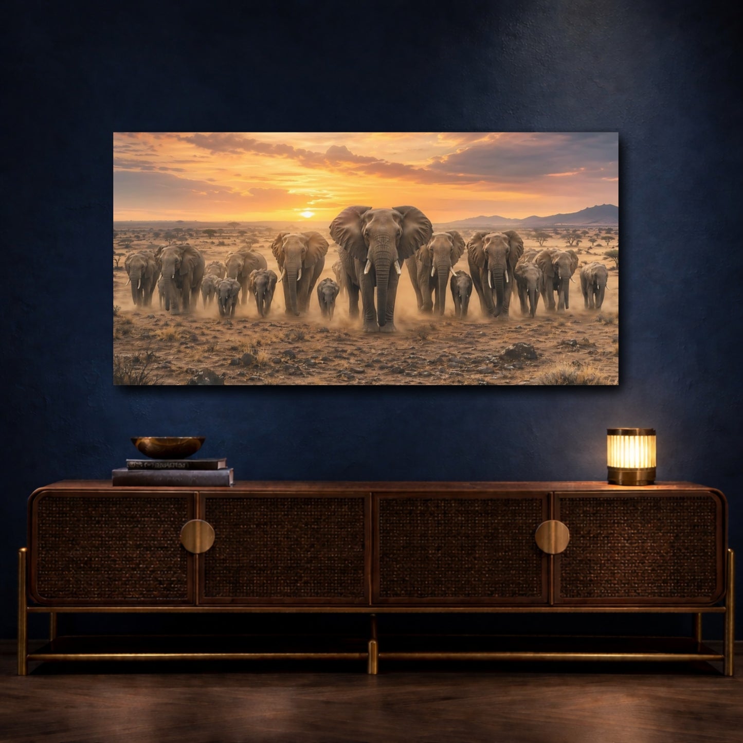 Mockup 3. Animals Elephants Golden Sunset shown as stretched canvas wall art