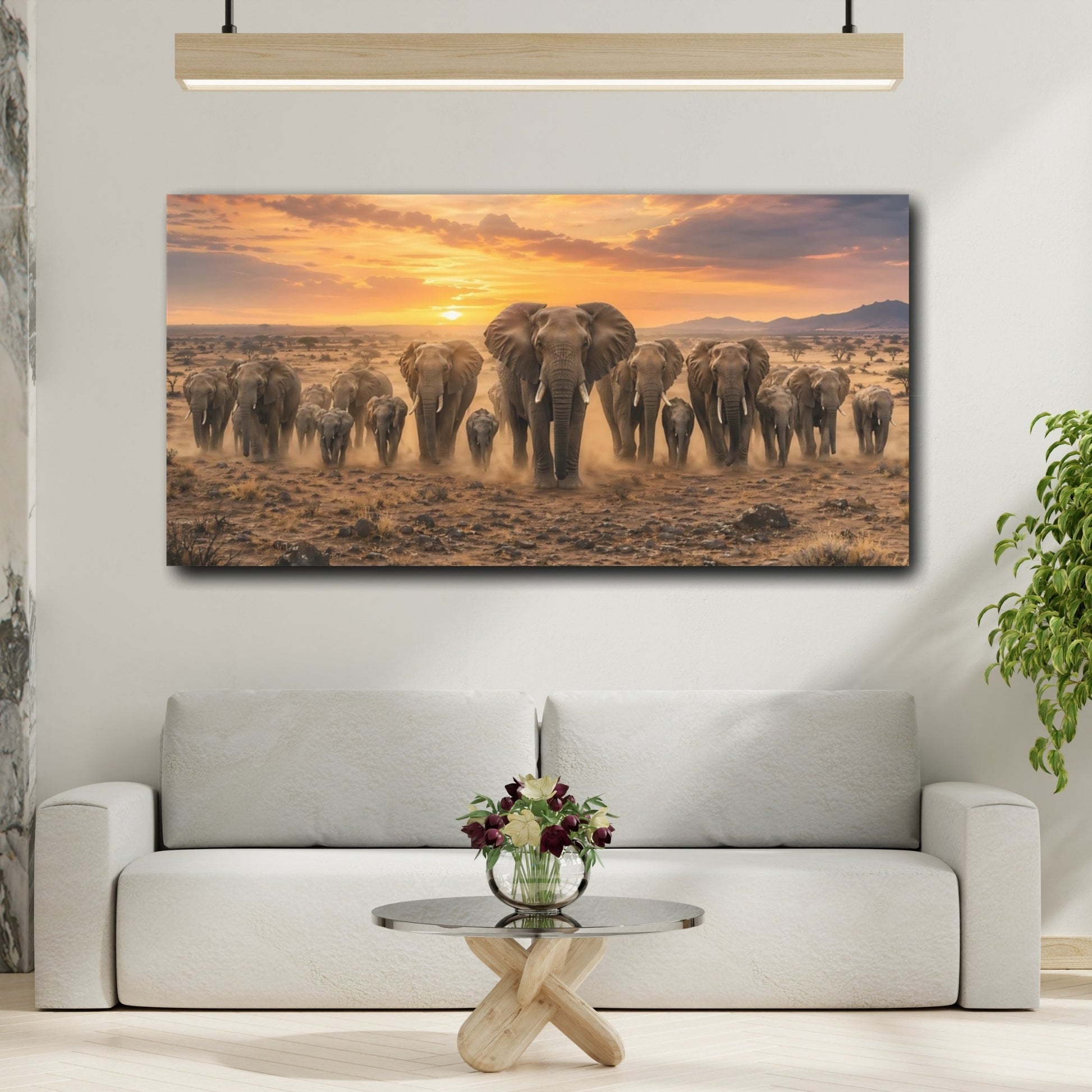 Mockup 4. Animals Elephants Golden Sunset shown as stretched canvas wall art