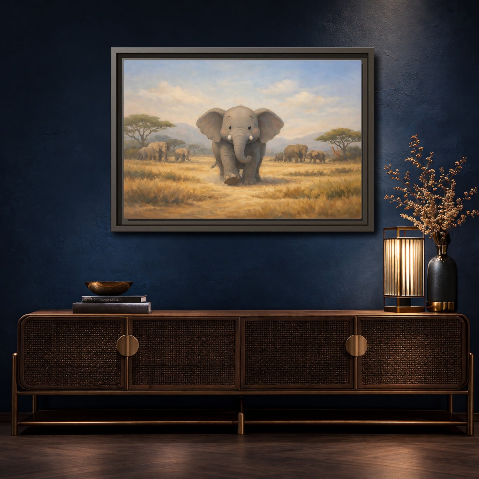Mockup 4. Animals Elephants Gray Elephant Safari shown as stretched canvas wall art