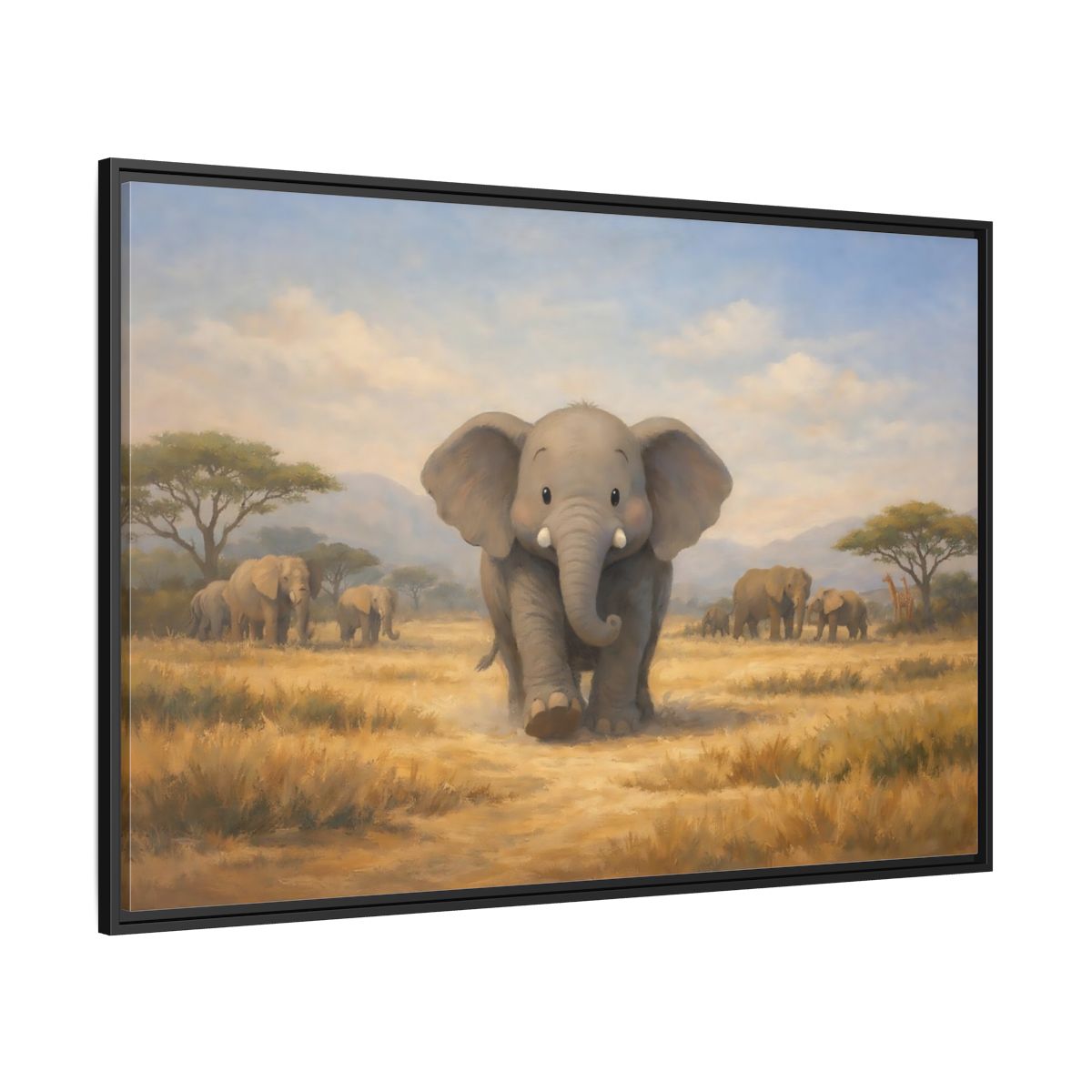 Side Mockup 12. Animals Elephants Gray Elephant Safari shown as stretched canvas wall art