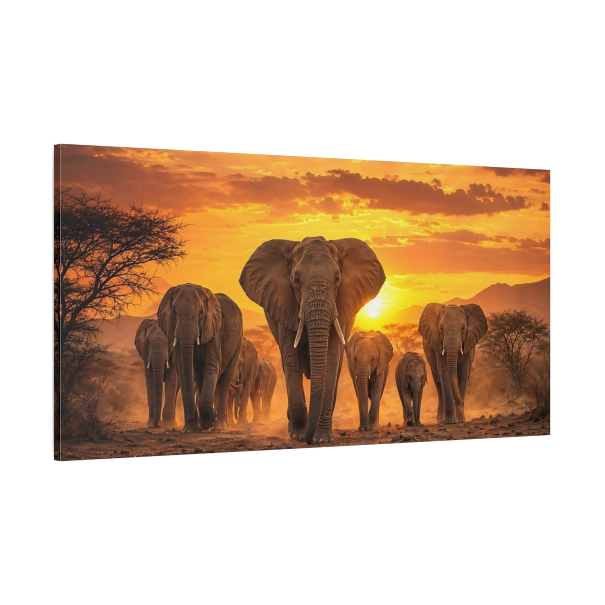 Side Mockup 2. Animals Elephants Orange And Brown shown as stretched canvas wall art