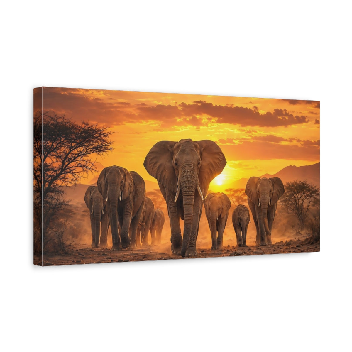 Side Mockup 3. Animals Elephants Orange And Brown shown as stretched canvas wall art