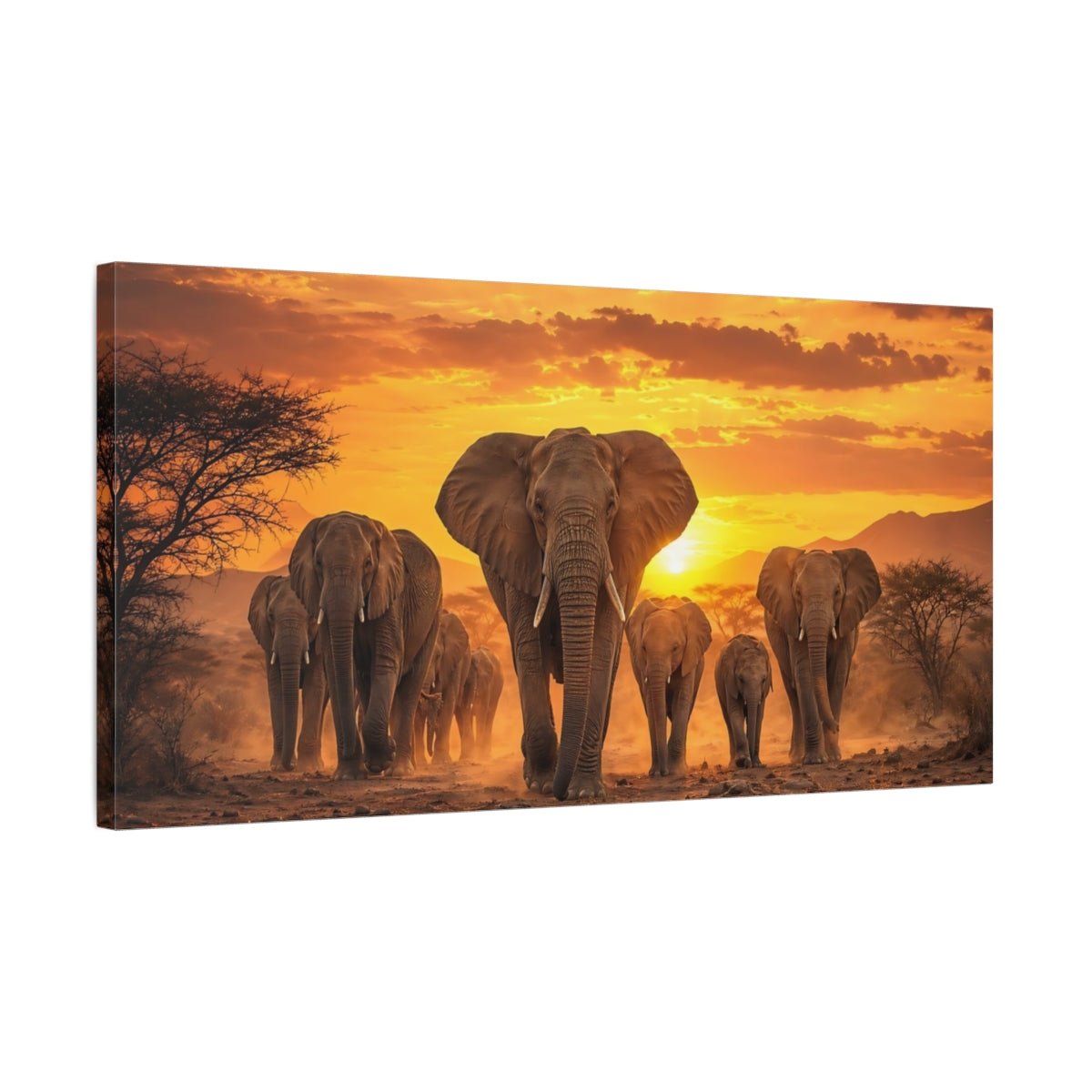 Side Mockup 1. Animals Elephants Orange And Brown shown as stretched canvas wall art