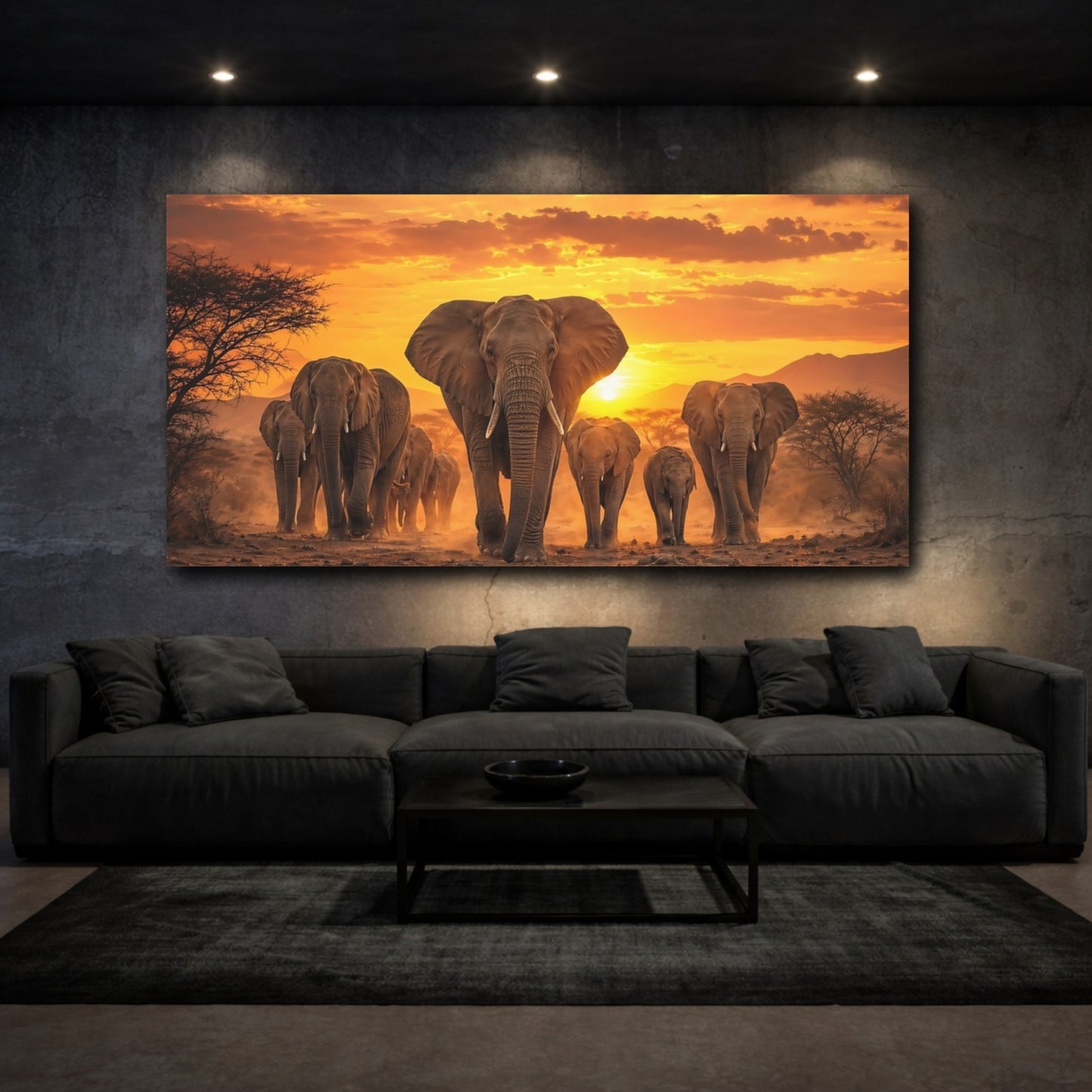 Mockup 2. Animals Elephants Orange And Brown shown as stretched canvas wall art