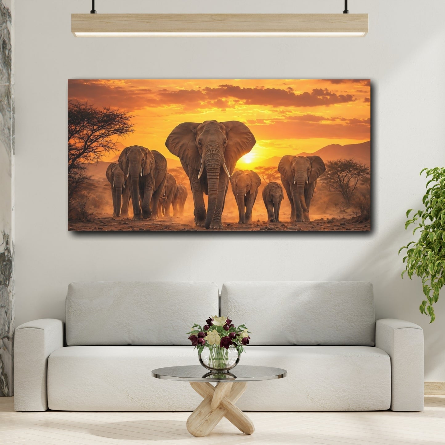 Mockup 3. Animals Elephants Orange And Brown shown as stretched canvas wall art