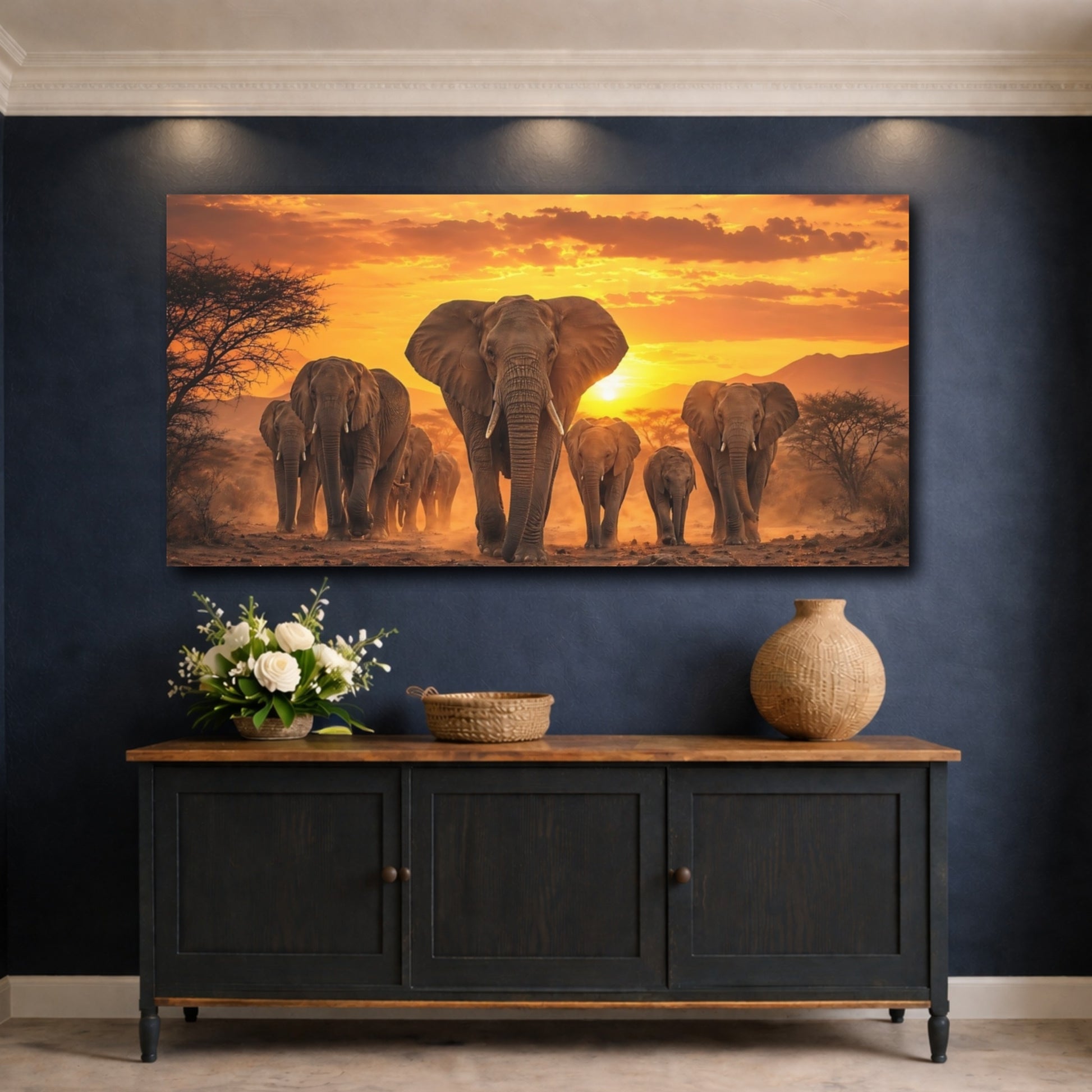 Mockup 4. Animals Elephants Orange And Brown shown as stretched canvas wall art
