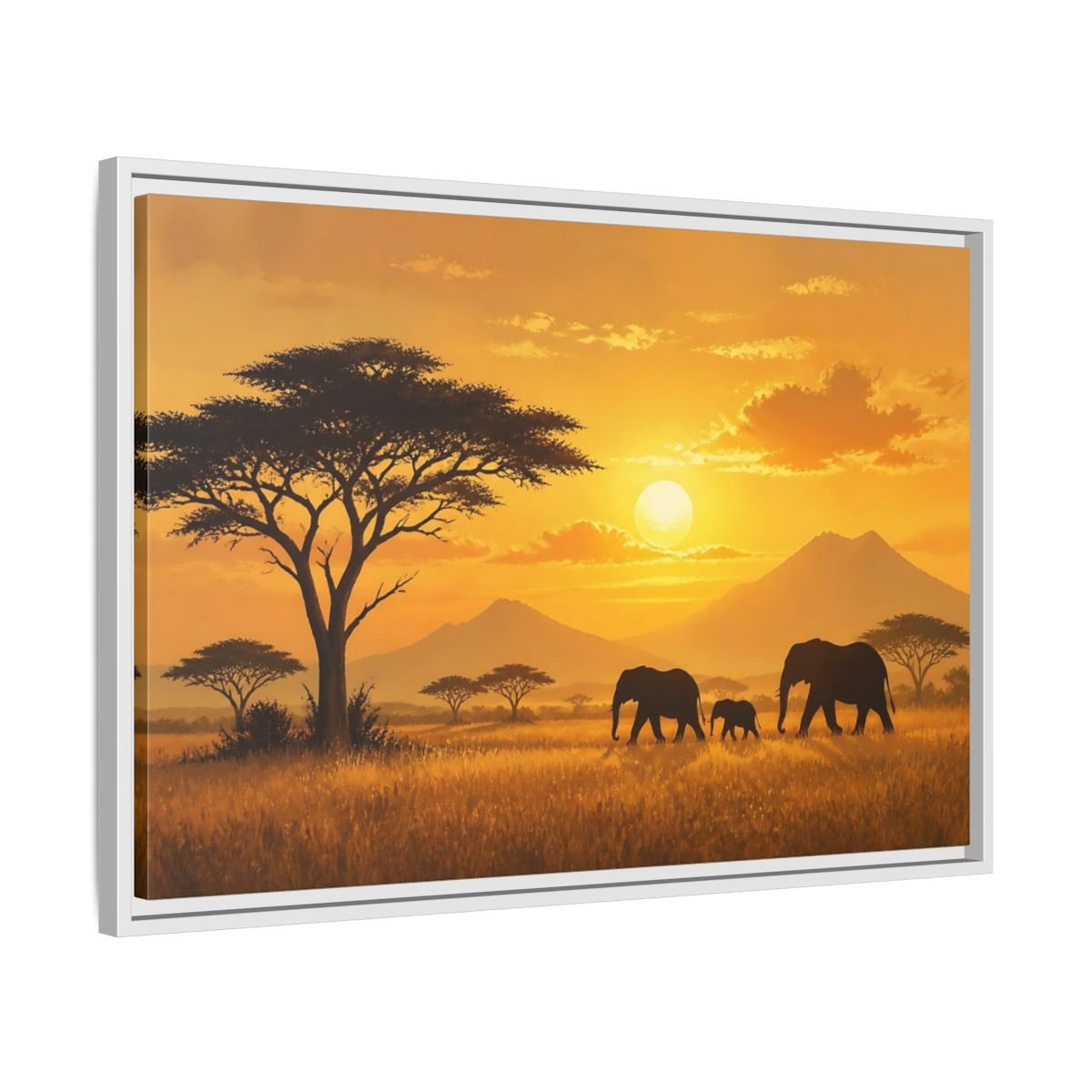 Animals Elephants Orange Sunset Framed Canvas Print – modern Decor for Living Room, Large Wall - YesArtYes