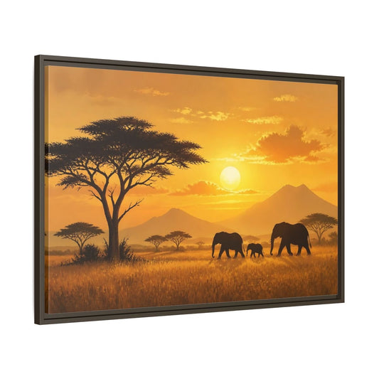 Animals Elephants Orange Sunset Framed Canvas Print – modern Decor for Living Room, Large Wall - YesArtYes