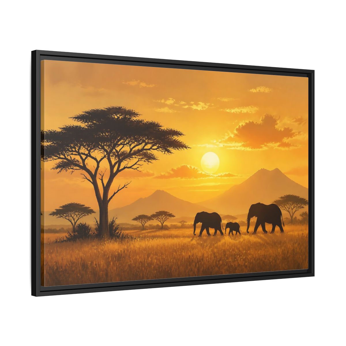Side Mockup 13. Animals Elephants Orange Sunset shown as stretched canvas wall art