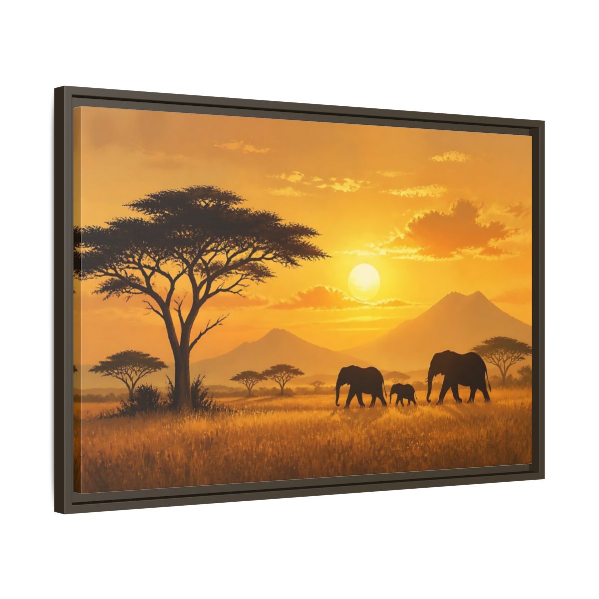 Side Mockup 11. Animals Elephants Orange Sunset shown as stretched canvas wall art