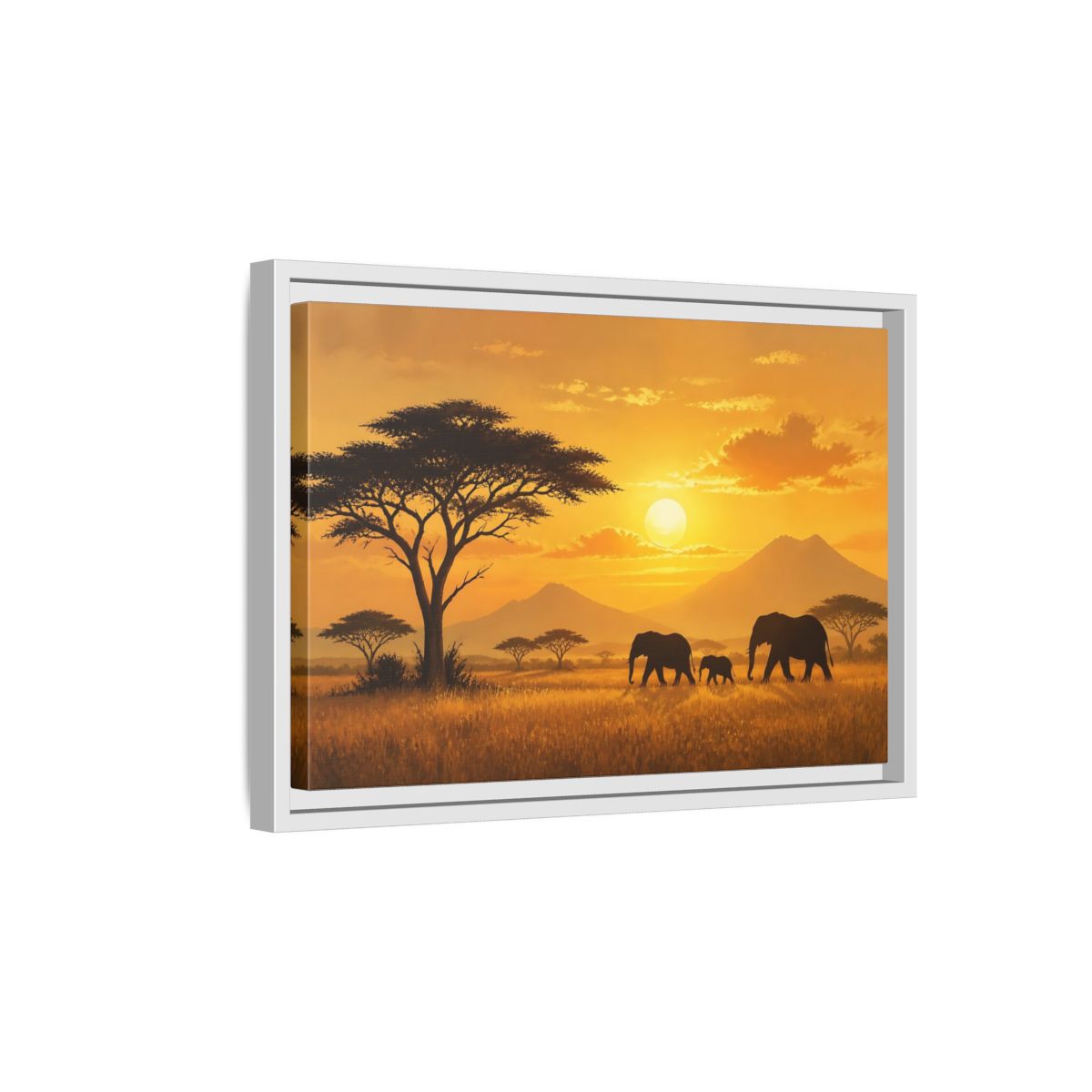 Side Mockup 4. Animals Elephants Orange Sunset shown as stretched canvas wall art