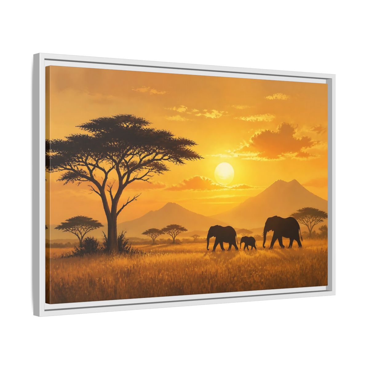 Side Mockup 10. Animals Elephants Orange Sunset shown as stretched canvas wall art