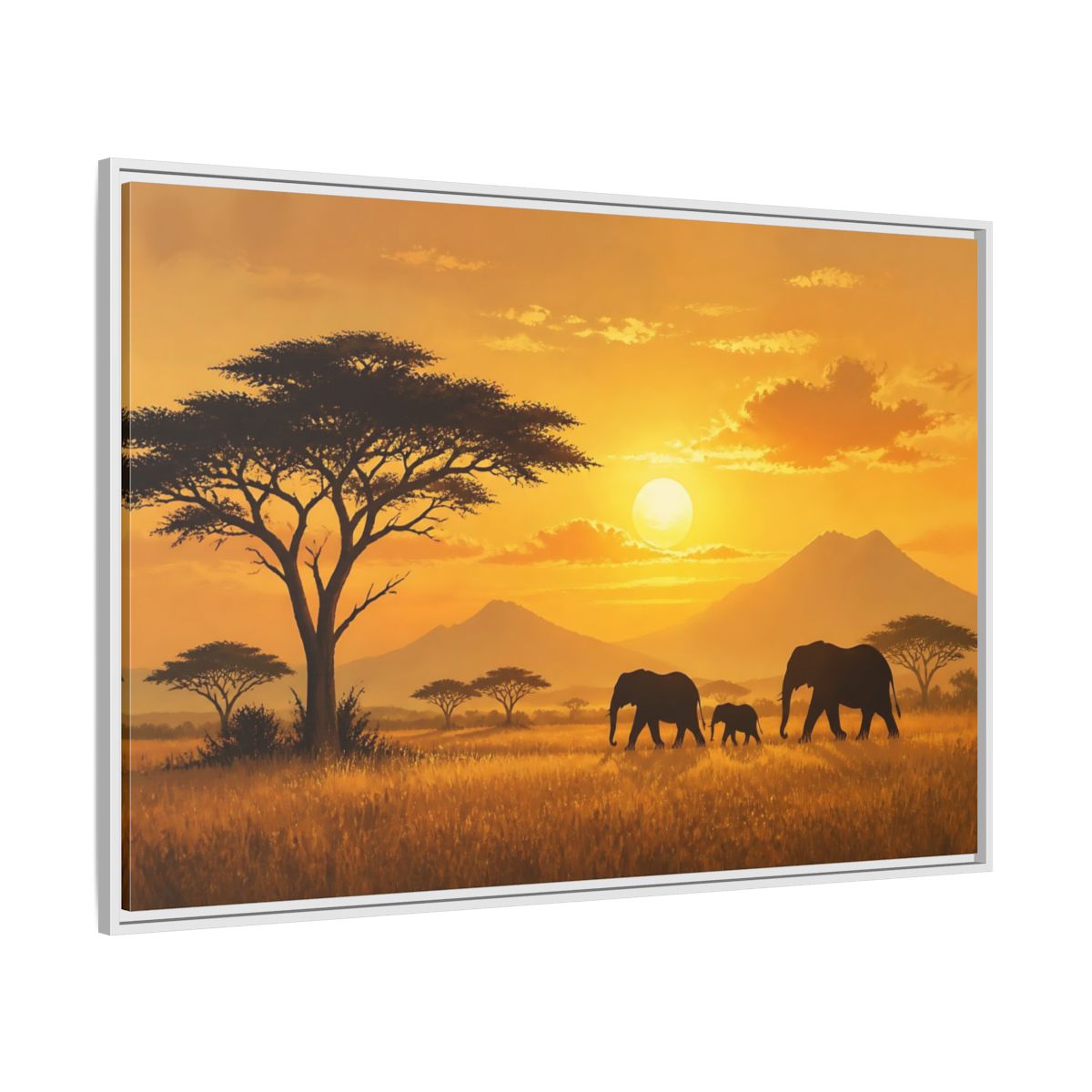 Side Mockup 7. Animals Elephants Orange Sunset shown as stretched canvas wall art