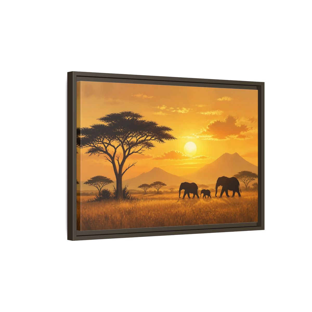 Side Mockup 2. Animals Elephants Orange Sunset shown as stretched canvas wall art