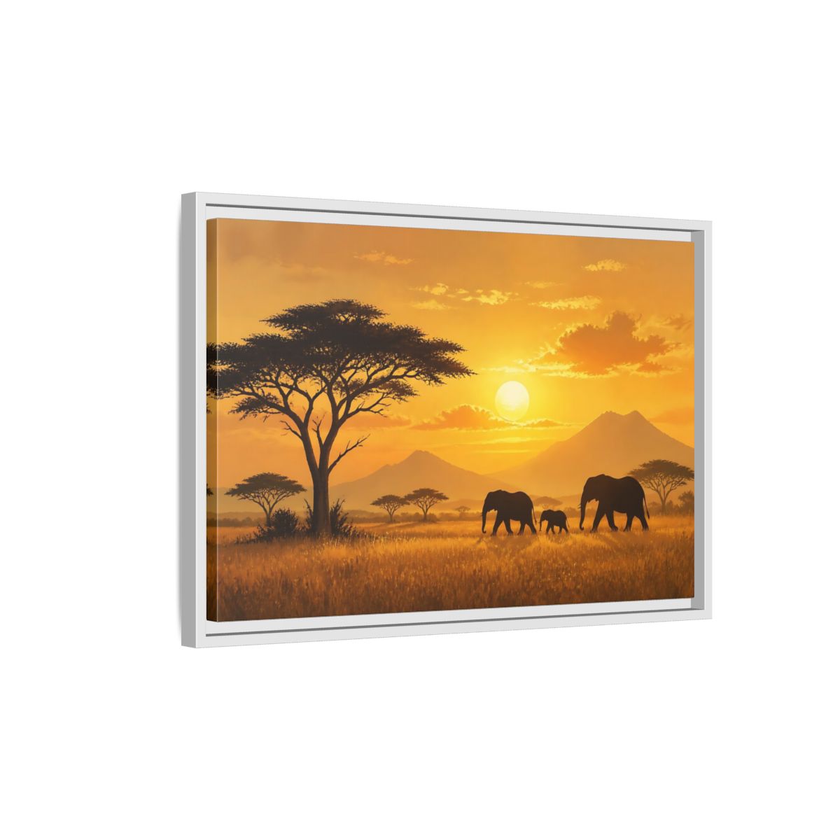 Side Mockup 1. Animals Elephants Orange Sunset shown as stretched canvas wall art