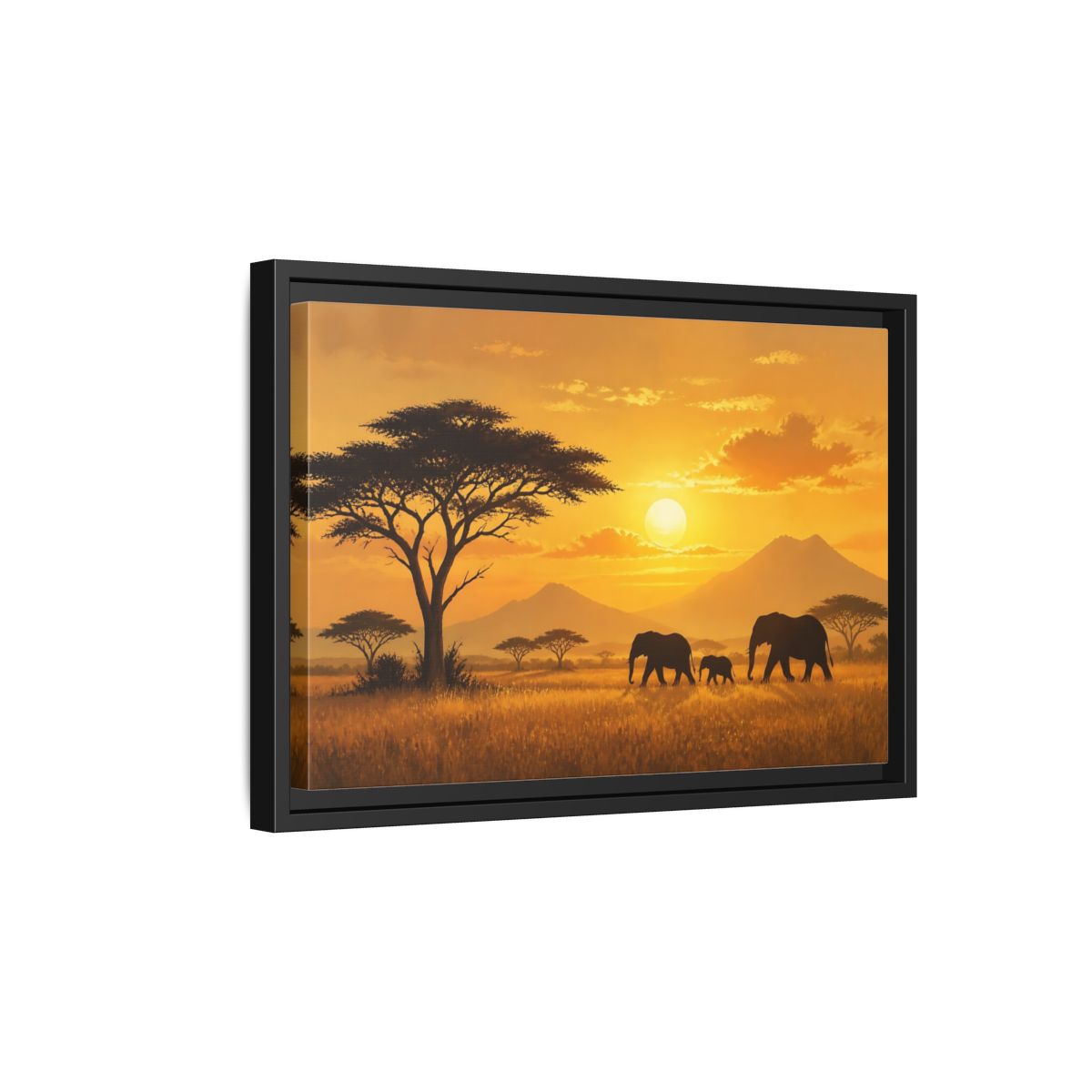 Side Mockup 6. Animals Elephants Orange Sunset shown as stretched canvas wall art