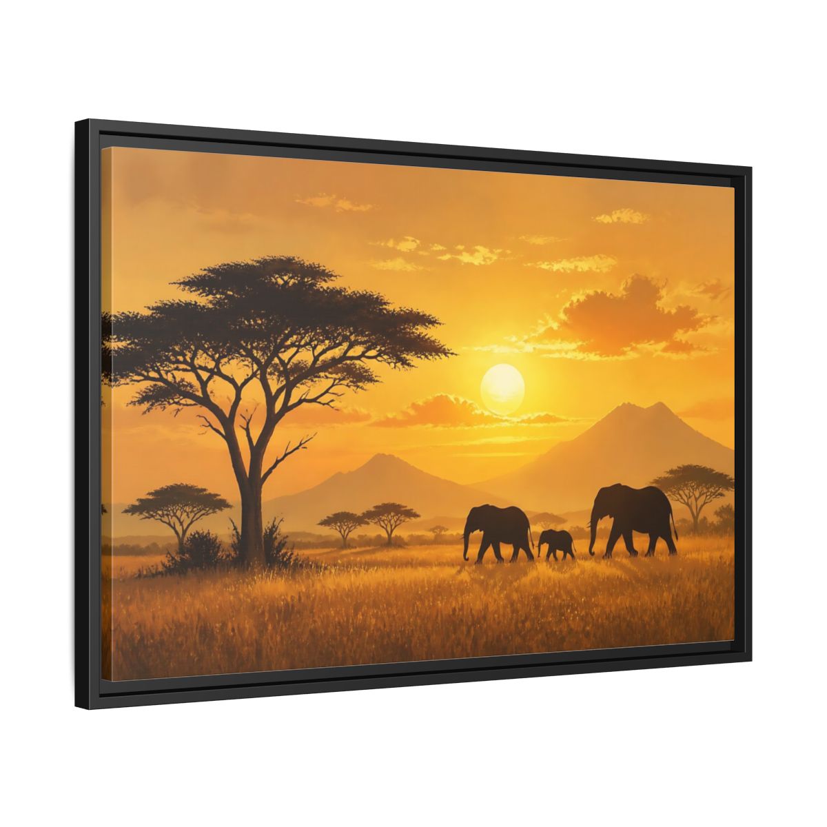 Side Mockup 14. Animals Elephants Orange Sunset shown as stretched canvas wall art