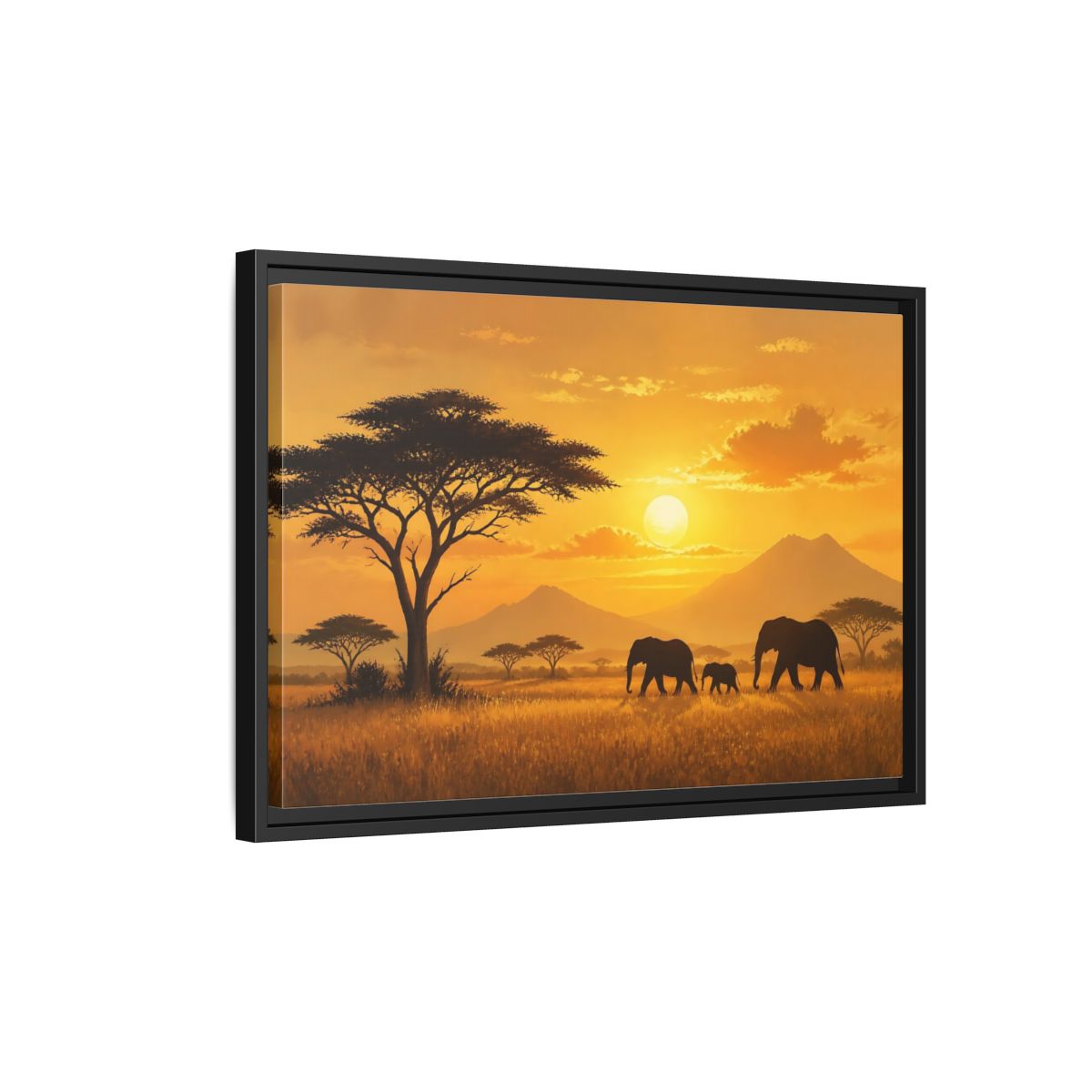 Side Mockup 3. Animals Elephants Orange Sunset shown as stretched canvas wall art
