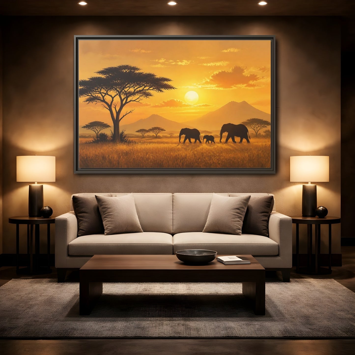 Mockup 2. Animals Elephants Orange Sunset shown as stretched canvas wall art