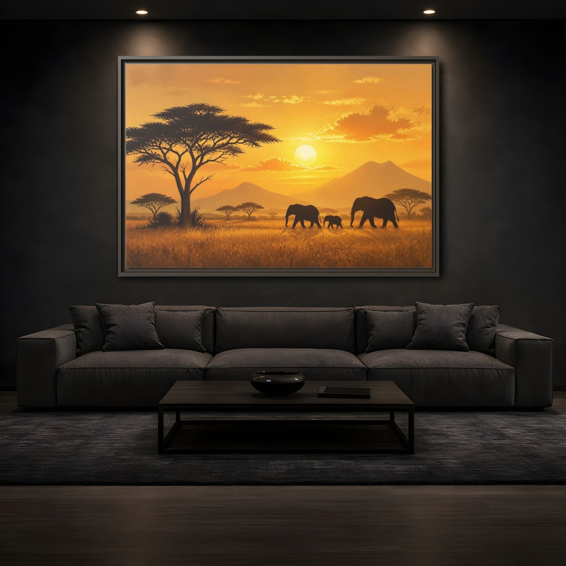 Mockup 3. Animals Elephants Orange Sunset shown as stretched canvas wall art