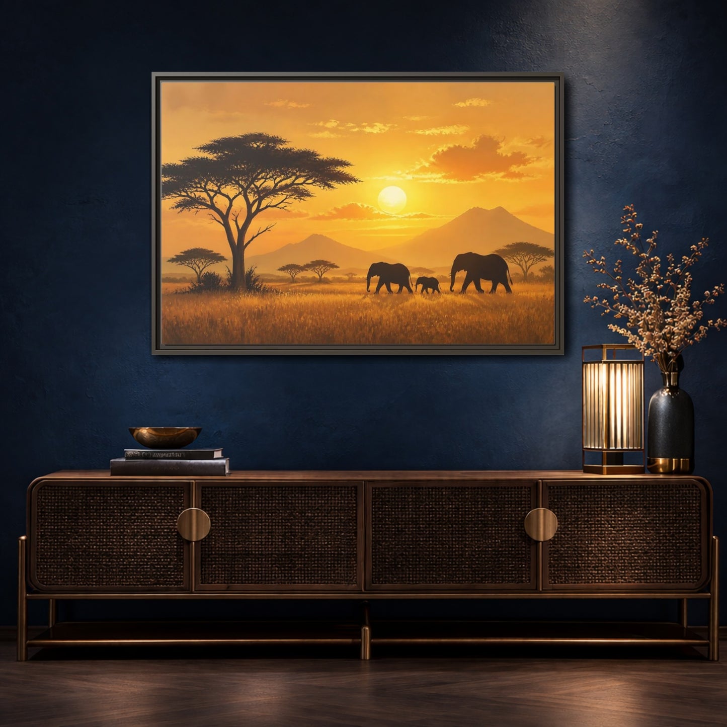 Mockup 4. Animals Elephants Orange Sunset shown as stretched canvas wall art