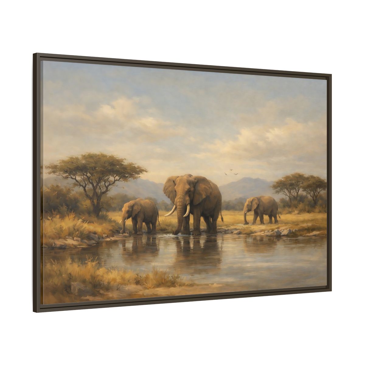 Main Mockup. Animals Elephants Safari Landscape shown as stretched canvas wall art