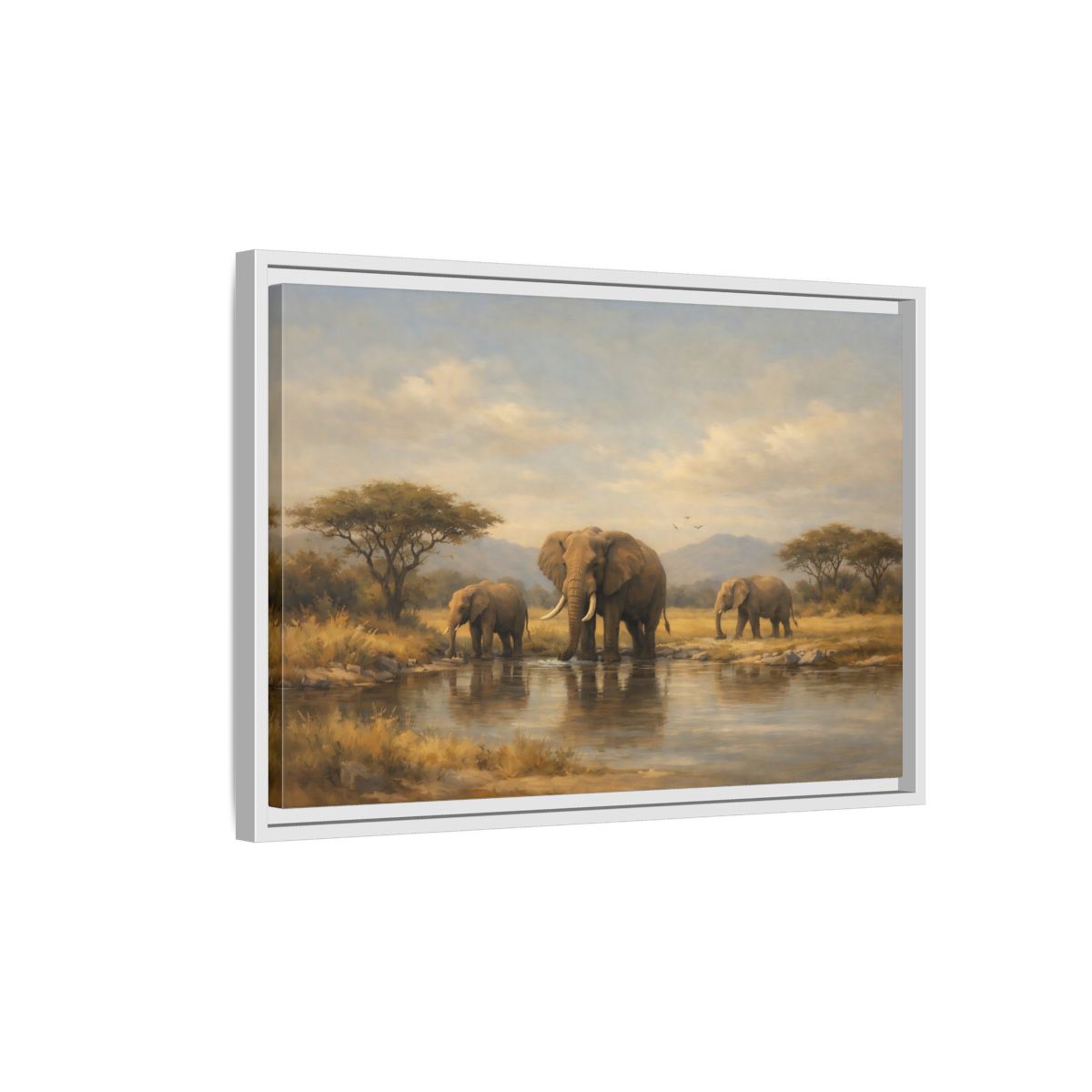 Side Mockup 1. Animals Elephants Safari Landscape shown as stretched canvas wall art