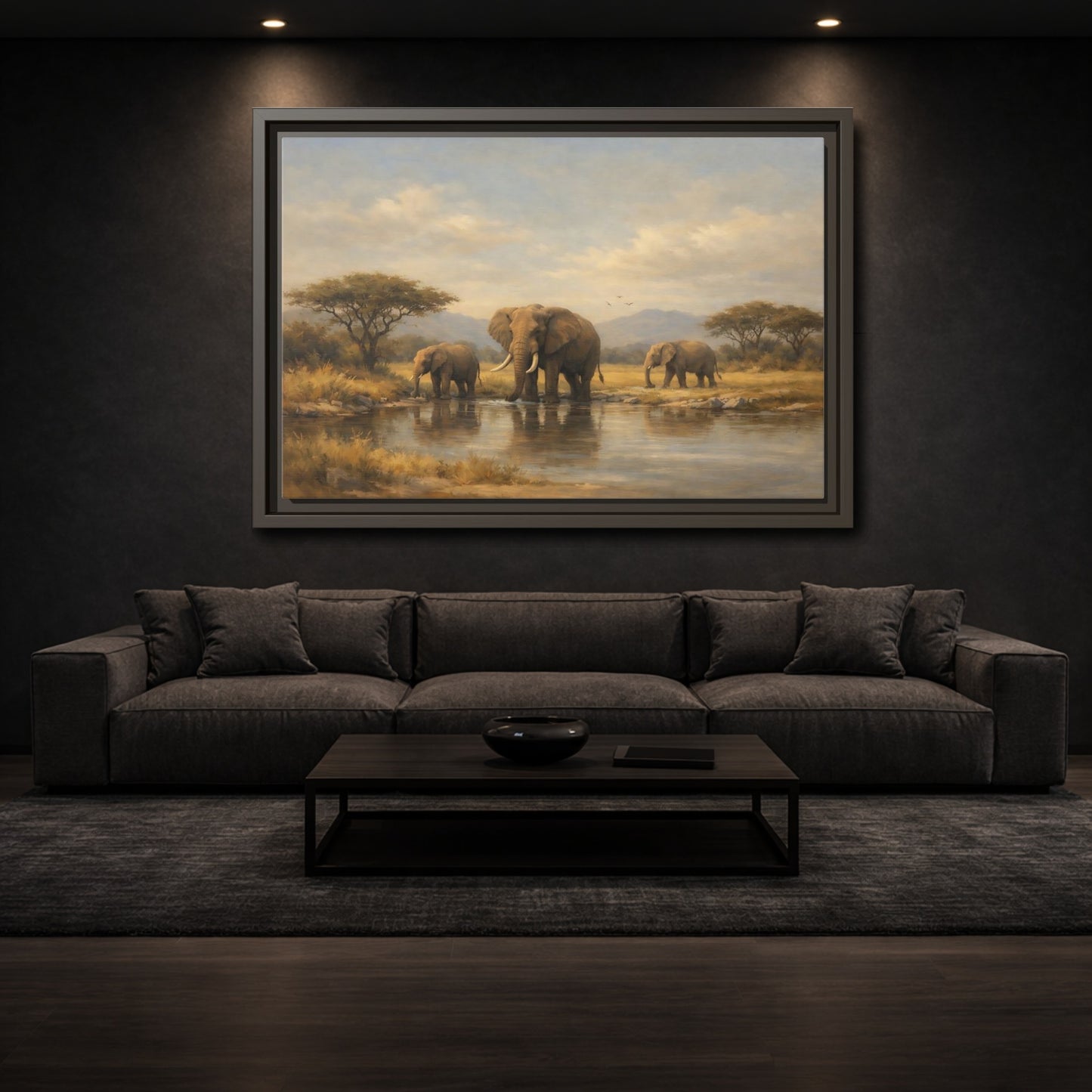 Mockup 2. Animals Elephants Safari Landscape shown as stretched canvas wall art