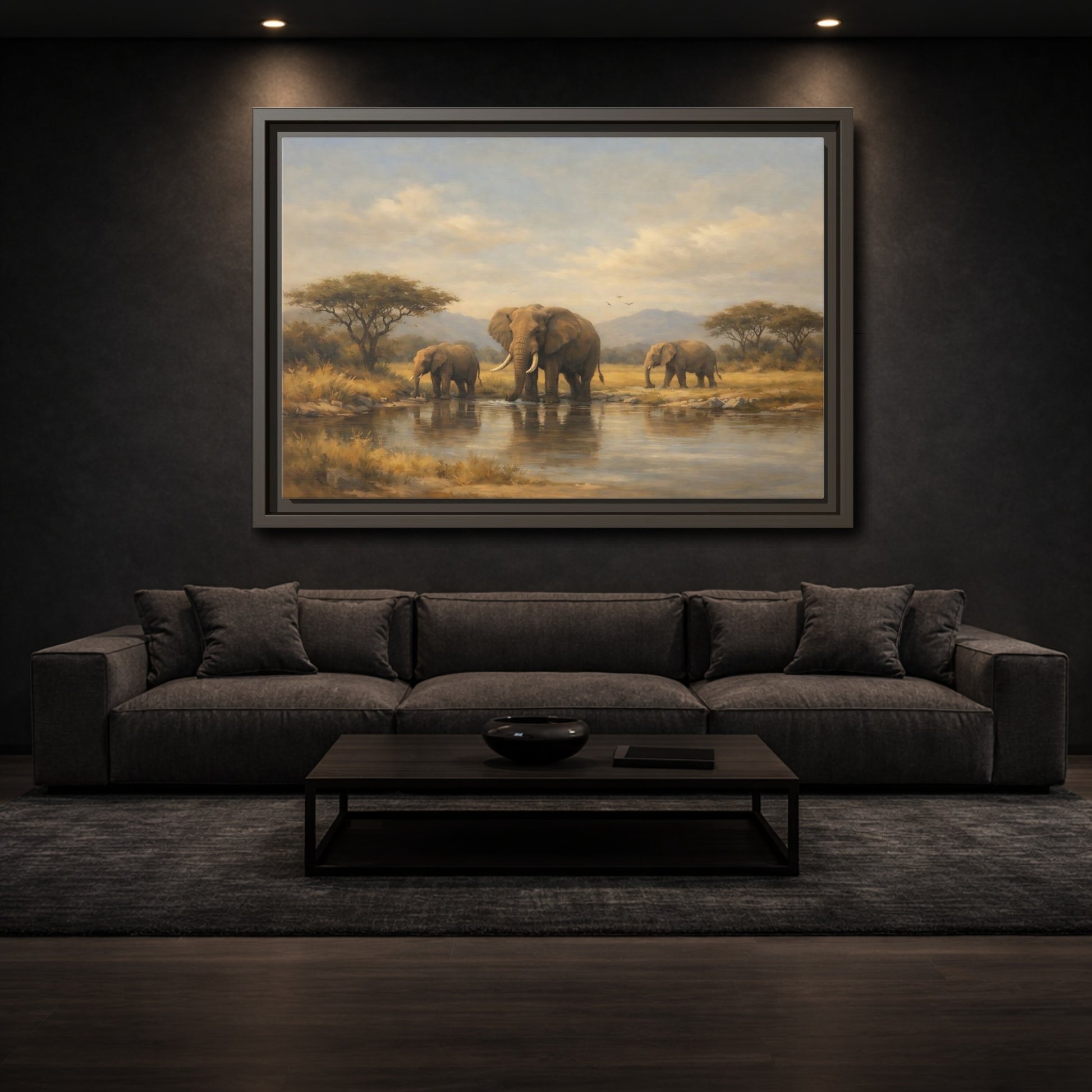 Mockup 2. Animals Elephants Safari Landscape shown as stretched canvas wall art
