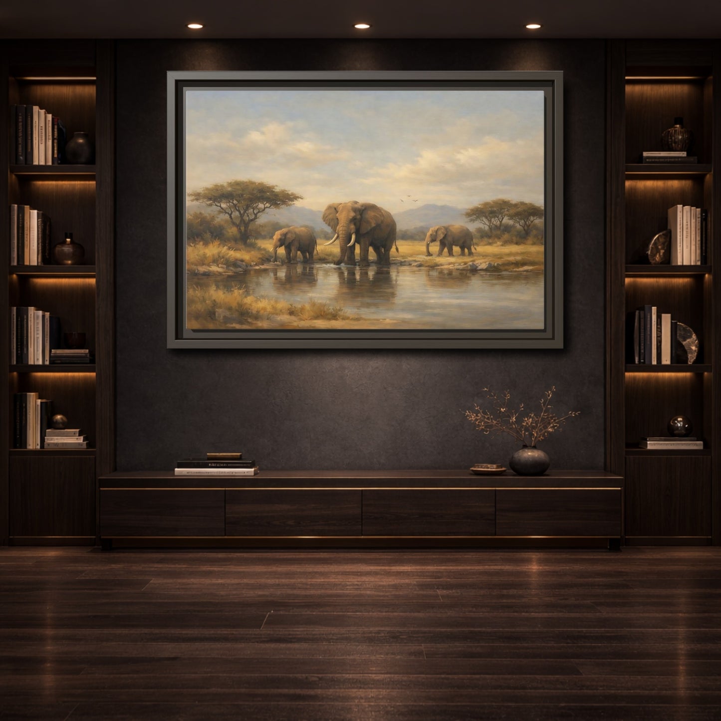 Mockup 3. Animals Elephants Safari Landscape shown as stretched canvas wall art