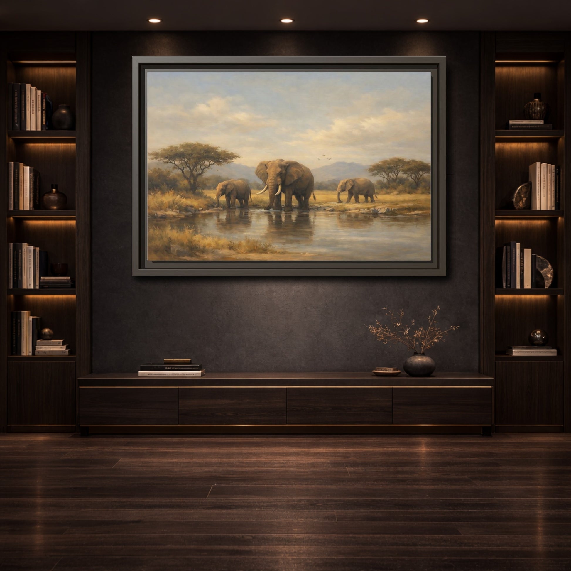 Mockup 3. Animals Elephants Safari Landscape shown as stretched canvas wall art