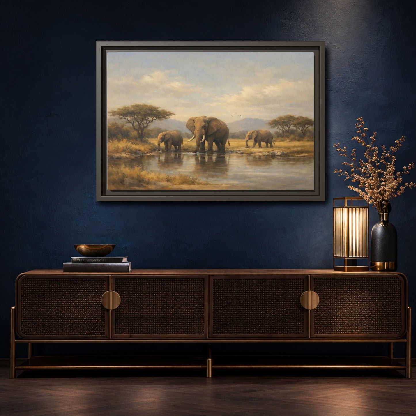 Mockup 4. Animals Elephants Safari Landscape shown as stretched canvas wall art