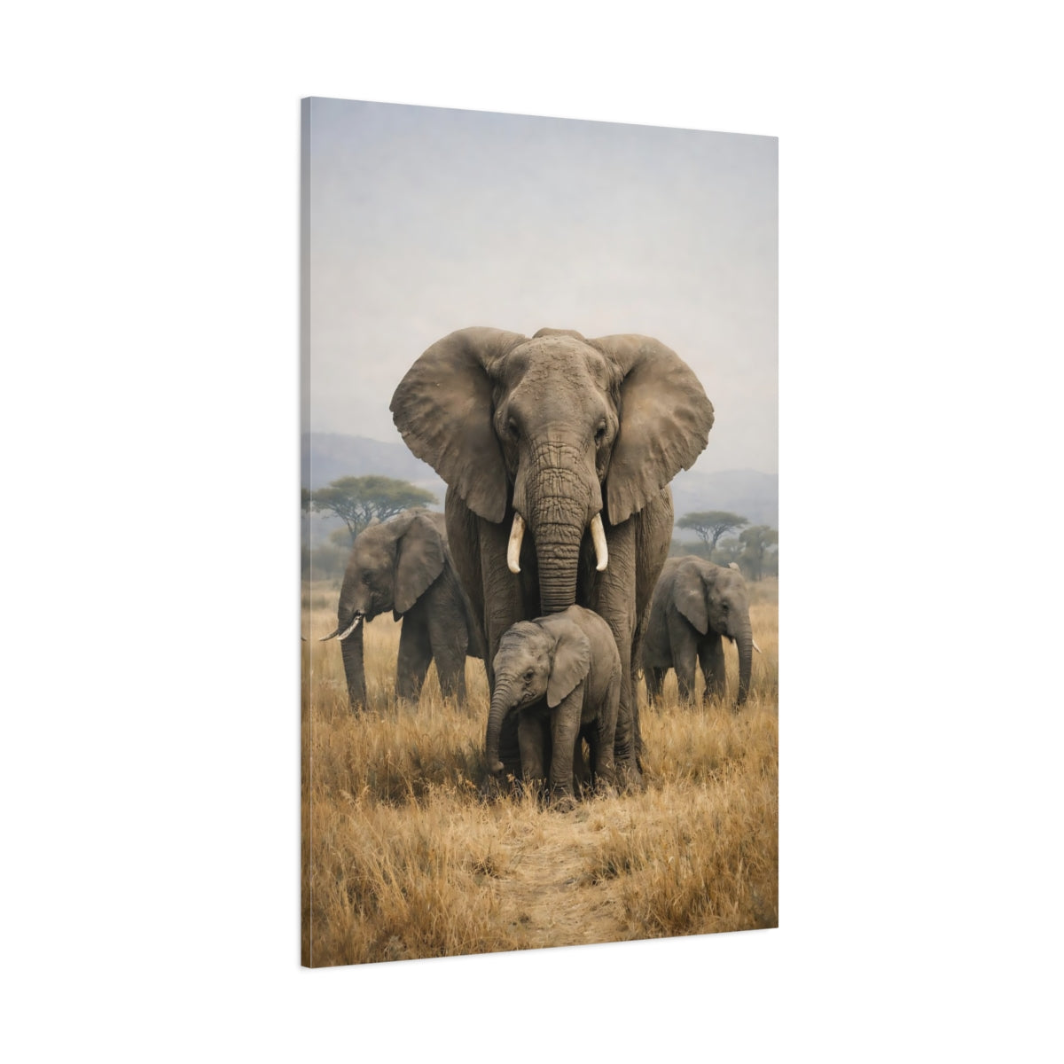 Main Mockup. Animals Elephants Savanna Elephants shown as stretched canvas wall art