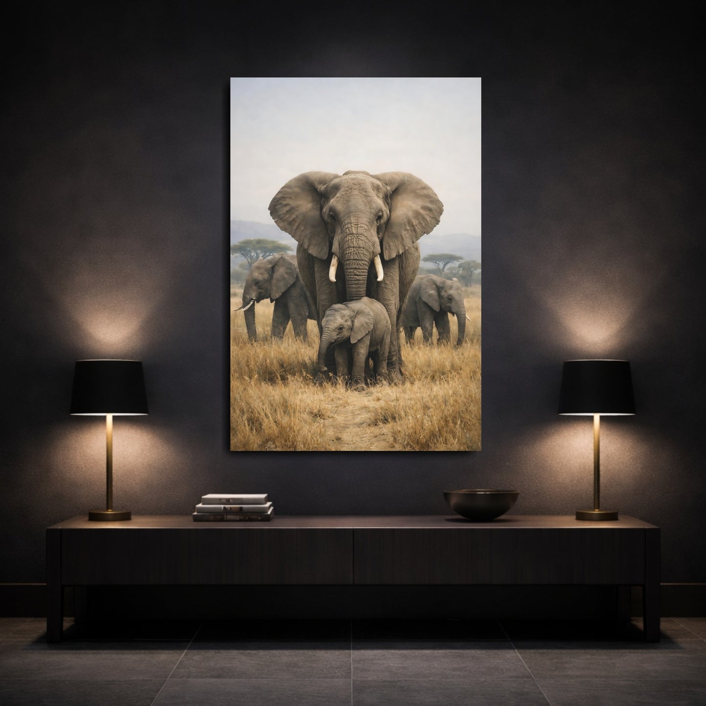 Mockup 2. Animals Elephants Savanna Elephants shown as stretched canvas wall art