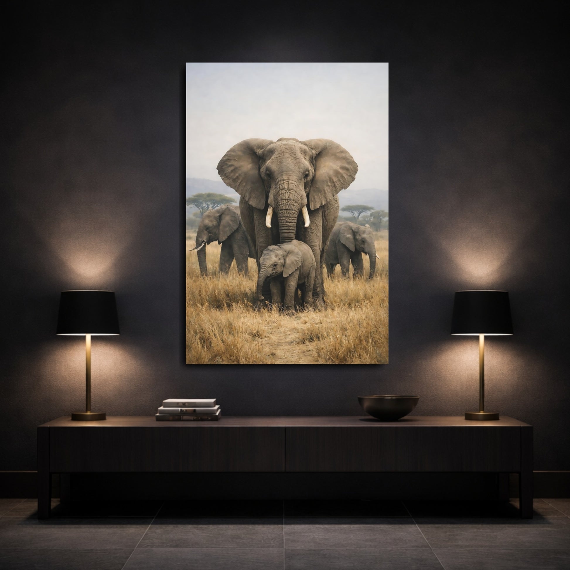 Mockup 2. Animals Elephants Savanna Elephants shown as stretched canvas wall art