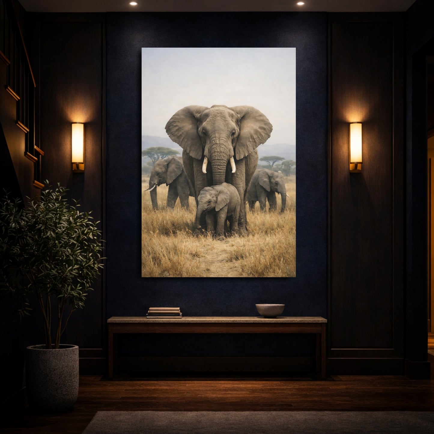 Mockup 3. Animals Elephants Savanna Elephants shown as stretched canvas wall art