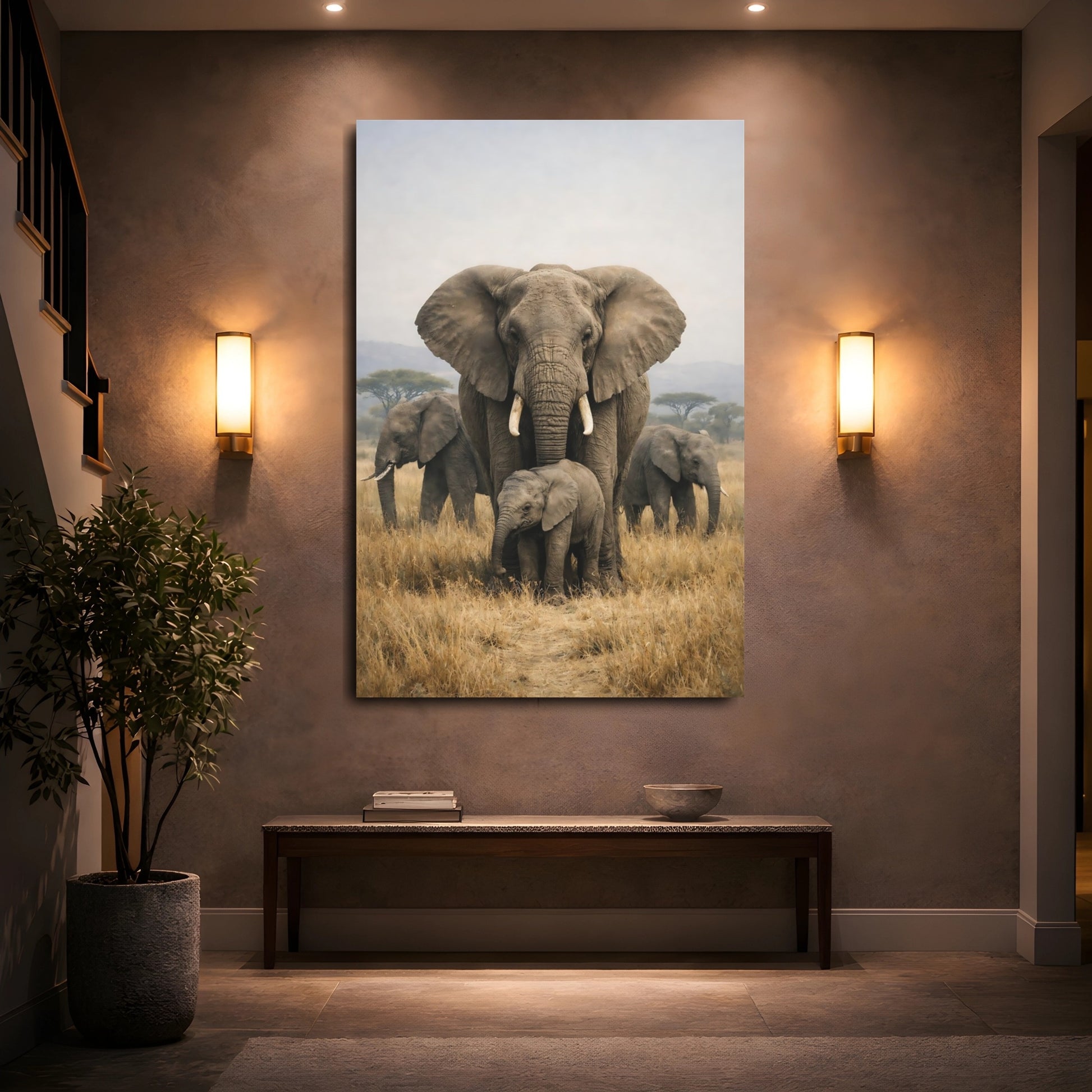 Mockup 4. Animals Elephants Savanna Elephants shown as stretched canvas wall art