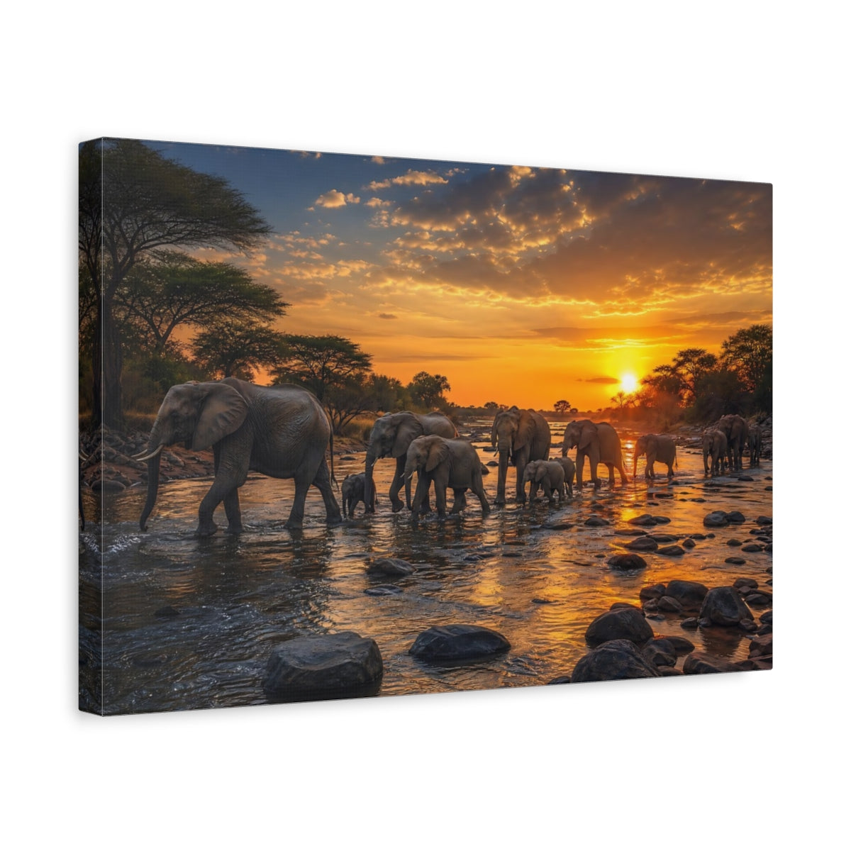 Side Mockup 4. Animals Elephants Elephant Sunset shown as stretched canvas wall art