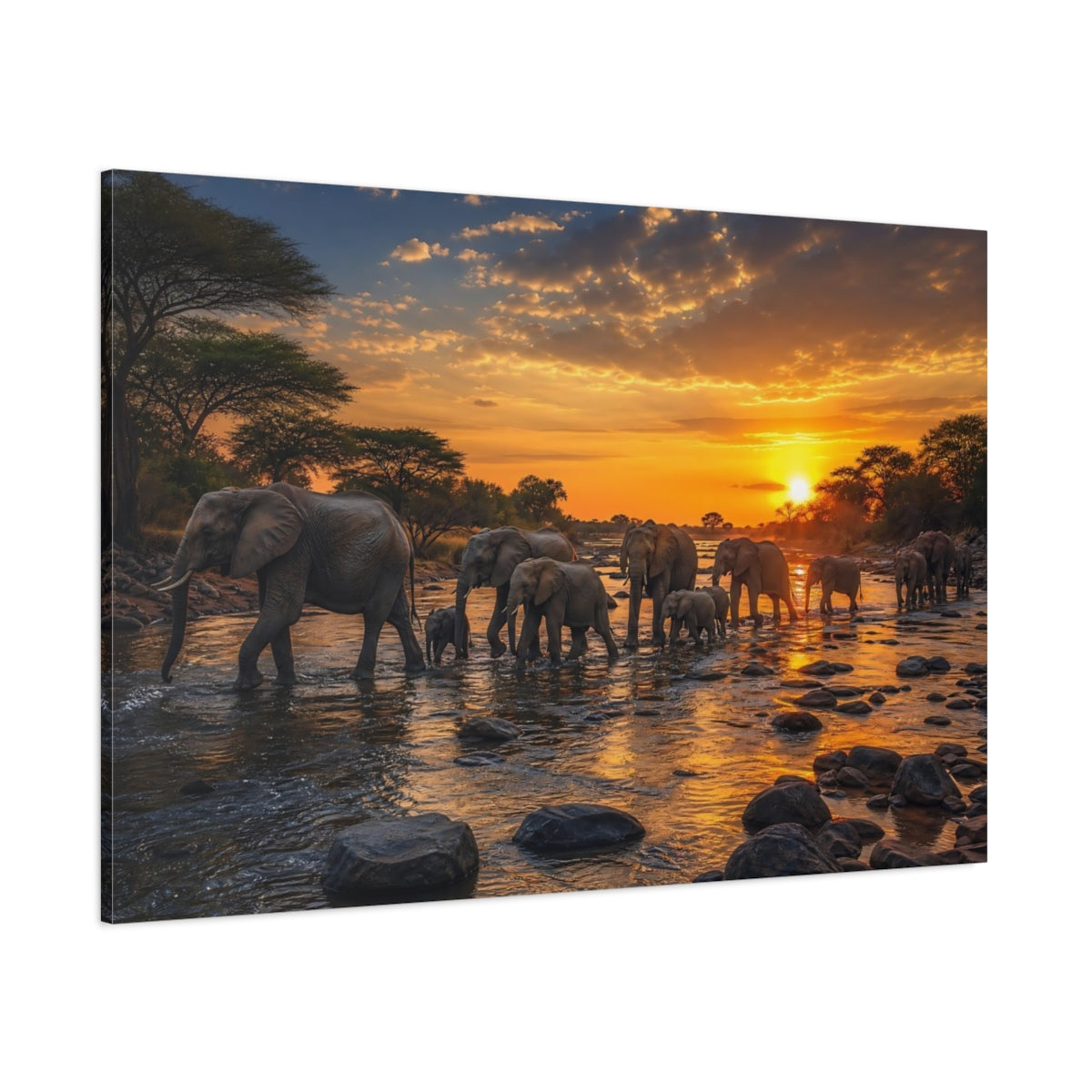 Side Mockup 1. Animals Elephants Elephant Sunset shown as stretched canvas wall art