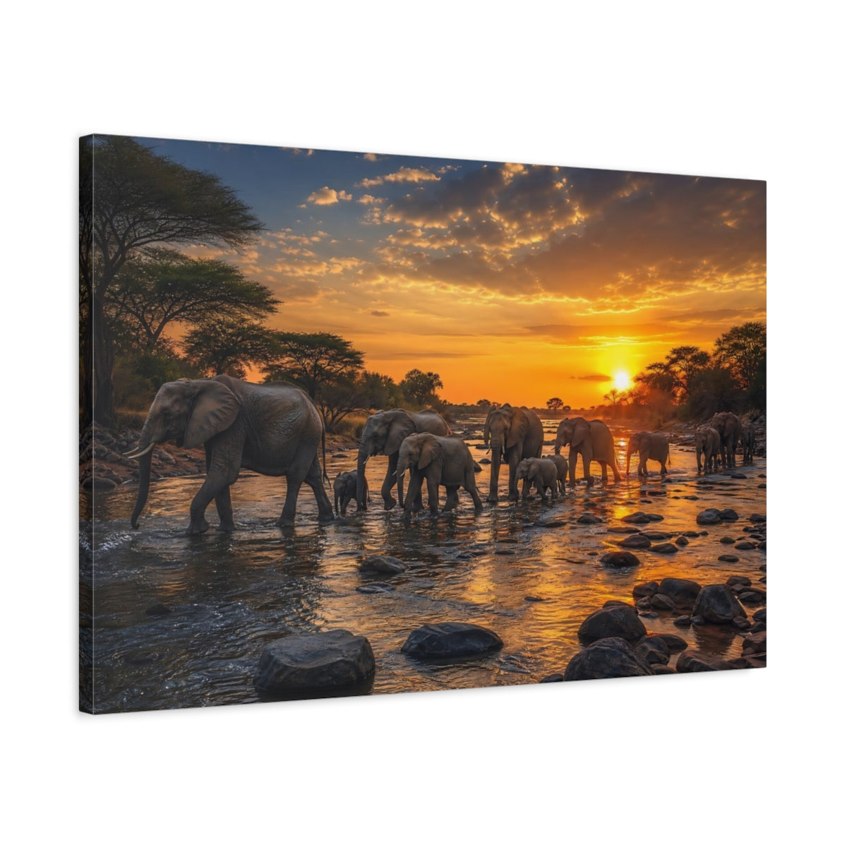 Side Mockup 2. Animals Elephants Elephant Sunset shown as stretched canvas wall art