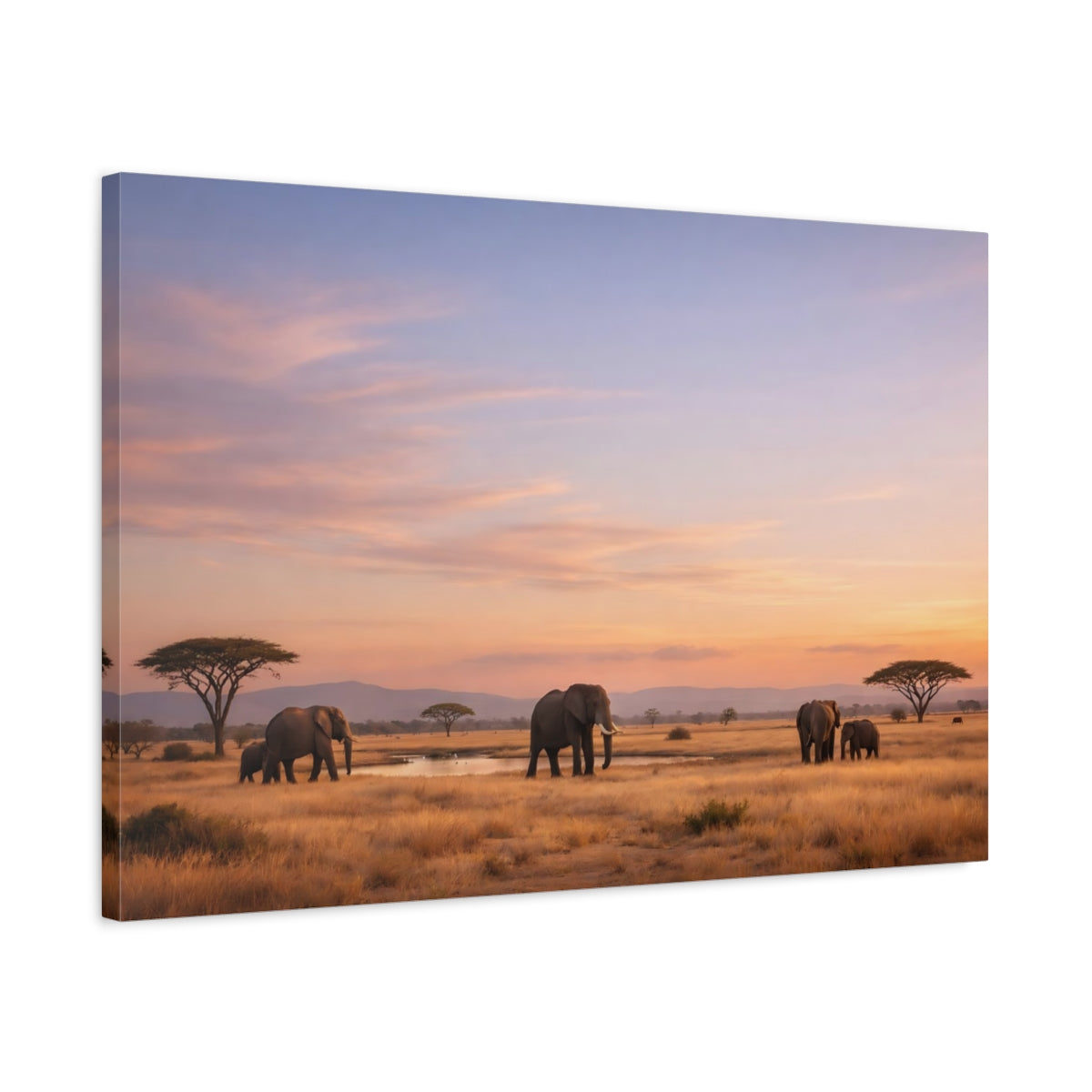 Side Mockup 2. Animals Elephants Elephants Sunset shown as stretched canvas wall art