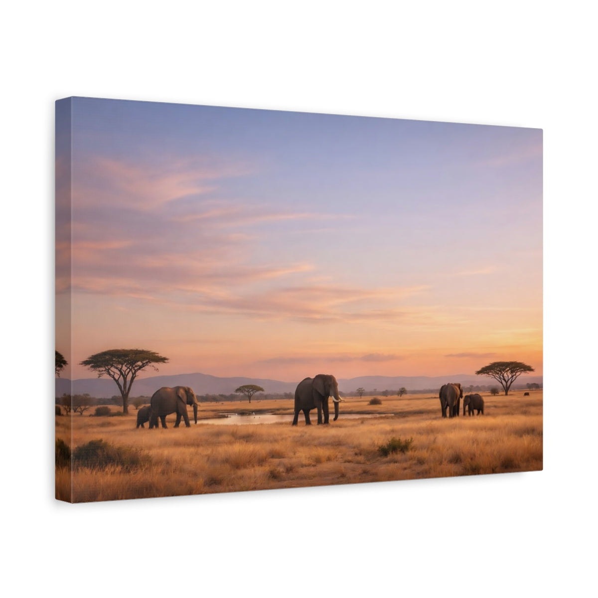 Side Mockup 4. Animals Elephants Elephants Sunset shown as stretched canvas wall art